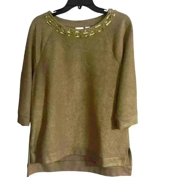 Chico's Gold Metallic Sweater Size 0 Jeweled Neckline 3/4 Sleeve Shimmer Holiday - Picture 1 of 15